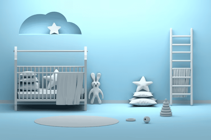 a baby room with a crib and toys
